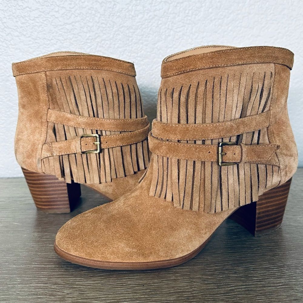 Chico’s Tan Suede Leather Fringe Western Block Heel Ankle Boots 8.5